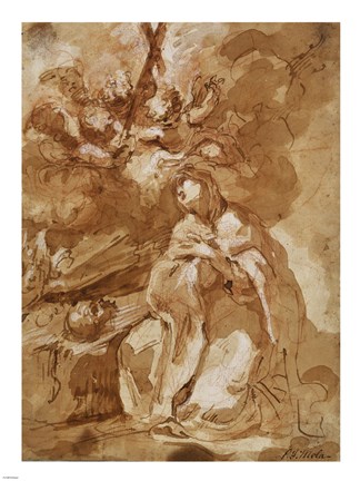 Framed Female Saint Contemplating a Crucifix Print