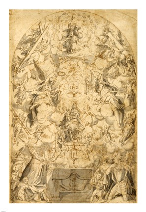 Framed Madonna and Child with Angels Bearing Symbols of the Passion Print