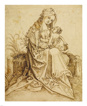 Framed Virgin and Child on a Grassy Bench Print