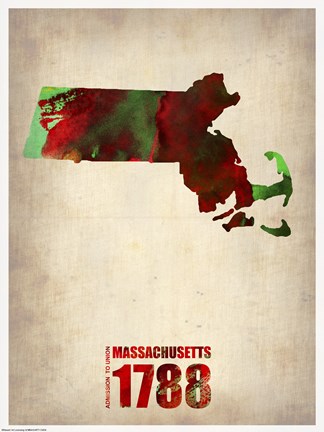 Framed Massachusetts Watercolor Map Print