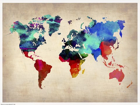Framed World Watercolor Map I Print