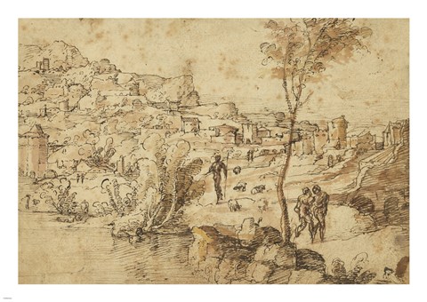 Framed Landscape with Shepherds by a River and a Town Beyond Print