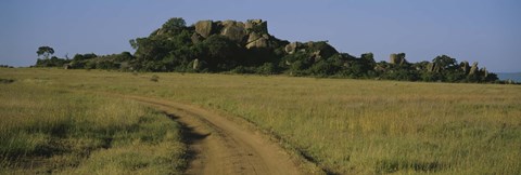 Framed Road passing through a grassland, Simba Kopjes, Road Serengeti, Tanzania, Africa Print