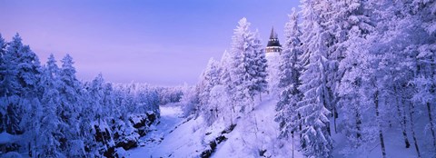 Framed Snow covered trees in front of a hotel, Imatra State Hotel, Imatra, Finland Print