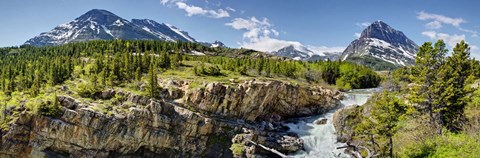 Framed Waterfalls at base of a lake, Swiftcurrent Lake, Glacier National Park, Montana, USA Print