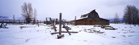 Framed Mormon barn in winter, Wyoming, USA Print