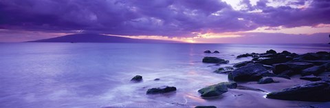 Framed Rocks on coast at sunset, Maui, Hawaii, USA Print