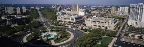 Framed Aerial view of buildings in a city, Logan Circle, Ben Franklin Parkway, Philadelphia, Pennsylvania, USA Print