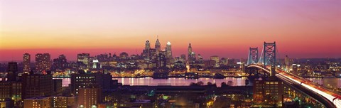 Framed Arial View Of The City At Twilight, Philadelphia, Pennsylvania, USA Print