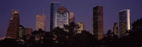Framed Buildings in a city lit up at dusk, Houston, Harris county, Texas, USA Print