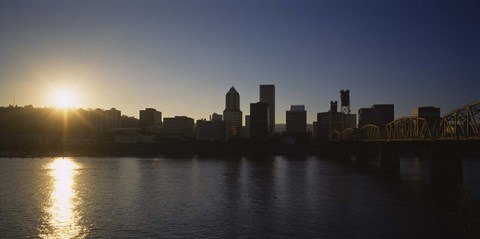 Framed Buildings along the waterfront at sunset, Willamette River, Portland, Oregon, USA Print