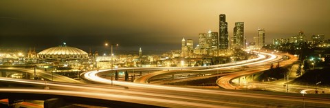 Framed Buildings lit up at night, Seattle, Washington State, USA Print