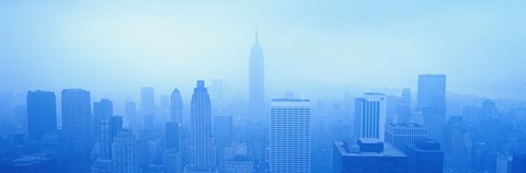Framed Foggy View of the New York Skyline in all Blue Print