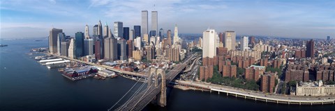 Framed Aerial view of Brooklyn Bridge and Manhattan skyline, New York City, New York State, USA Print