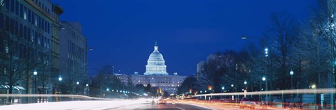 Framed Government building lit up at dusk, Capitol Building, Pennsylvania Avenue, Washington DC, USA Print