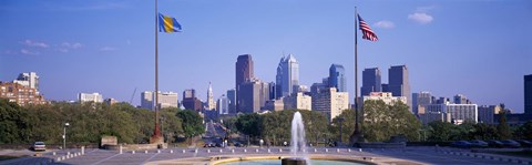 Framed Fountain at art museum with city skyline, Philadelphia, Pennsylvania, USA Print