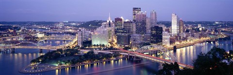 Framed Buildings in a city lit up at dusk, Pittsburgh, Allegheny County, Pennsylvania, USA Print