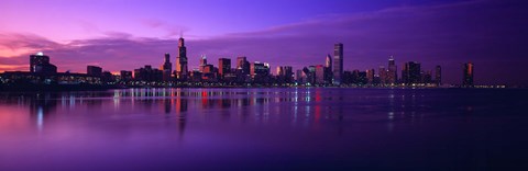Framed Buildings at the waterfront lit up at dusk, Sears Tower, Hancock Building, Lake Michigan, Chicago, Cook County, Illinois, USA Print