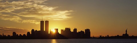 Framed Manhattan skyline and a statue at sunrise, Statue Of Liberty, New York City, New York State, USA Print