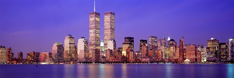 Framed Buildings at the waterfront lit up at dusk, World Trade Center, Wall Street, Manhattan, New York City, New York State, USA Print