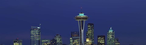 Framed Buildings in a city lit up at night, Space Needle, Seattle, King County, Washington State, USA Print