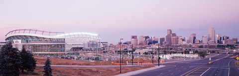 Framed USA, Colorado, Denver, Invesco Stadium, Skyline at dusk Print