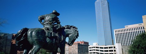 Framed Low Angle View Of A Statue In Front Of Buildings, Dallas, Texas, USA Print