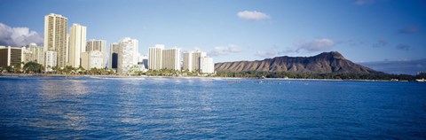 Framed Buildings at the waterfront with a volcanic mountain in the background, Honolulu, Oahu, Hawaii, USA Print