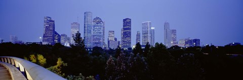 Framed Buildings lit up at dusk, Houston, Texas Print