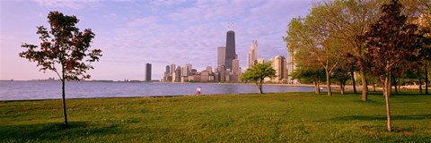 Framed Trees in a park with lake and buildings in the background, Lincoln Park, Lake Michigan, Chicago, Illinois, USA Print