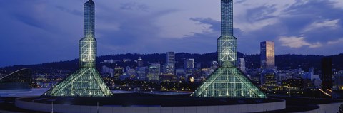 Framed Towers Lit Up At Dusk, Convention Center, Portland, Oregon, USA Print