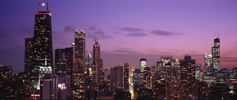 Framed Chicago Buildings lit up at dusk Print