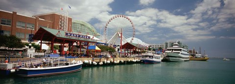 Framed Boats moored at a harbor, Navy Pier, Chicago, Illinois, USA Print