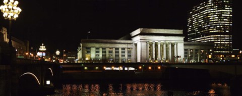 Framed Buildings lit up at night at a railroad station, 30th Street Station, Schuylkill River, Philadelphia, Pennsylvania, USA Print