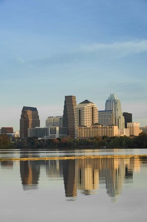 Framed Reflection of buildings in water, Town Lake, Austin, Texas Print