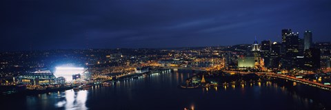 Framed High angle view of buildings lit up at night, Heinz Field, Pittsburgh, Allegheny county, Pennsylvania, USA Print