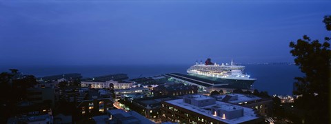 Framed High angle view of a cruise ship at a harbor, RMS Queen Mary 2, San Francisco, California, USA Print