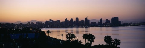 Framed Silhouette of buildings at the waterfront, San Diego, San Diego Bay, San Diego County, California, USA Print