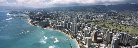 Framed Aerial view of buildings at the waterfront, Waikiki Beach, Honolulu, Oahu, Hawaii, USA Print