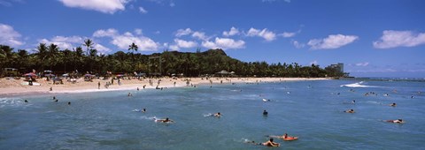 Framed Tourists on the beach, Waikiki Beach, Honolulu, Oahu, Hawaii, USA Print