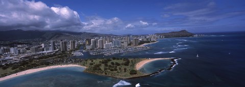 Framed Aerial view of buildings at the waterfront, Ala Moana Beach Park, Waikiki Beach, Honolulu, Oahu, Hawaii, USA Print