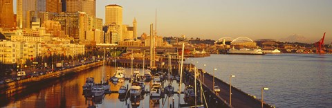 Framed Buildings at the waterfront, Elliott Bay, Bell Harbor Marina, Seattle, King County, Washington State, USA Print