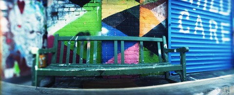 Framed Bench outside a building, Williamsburg, Brooklyn, New York City, New York State, USA Print
