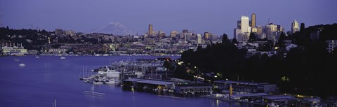 Framed City skyline at the lakeside with Mt Rainier in the background, Lake Union, Seattle, King County, Washington State, USA Print