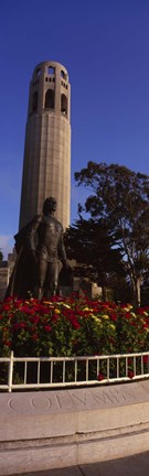 Framed Statue of Christopher Columbus in front of a tower, Coit Tower, Telegraph Hill, San Francisco, California, USA Print