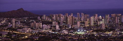 Framed High angle view of a city lit up at dusk, Honolulu, Oahu, Honolulu County, Hawaii Print
