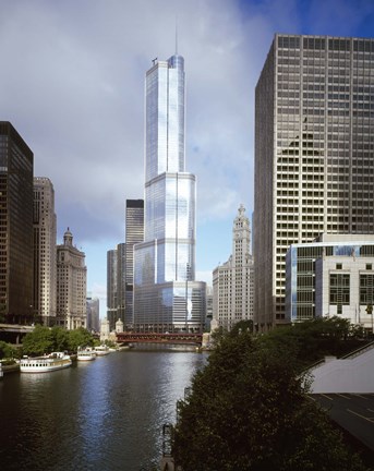 Framed Skyscrapers in a city, Trump Tower, Chicago River, Chicago, Cook County, Illinois, USA Print