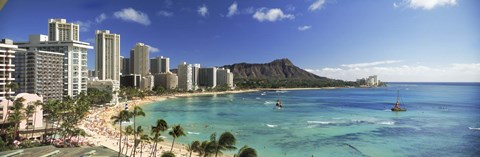 Framed Buildings along the coastline, Diamond Head, Waikiki Beach, Oahu, Honolulu, Hawaii, USA Print