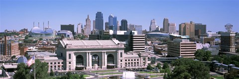 Framed Union Station with city skyline in background, Kansas City, Missouri, USA Print