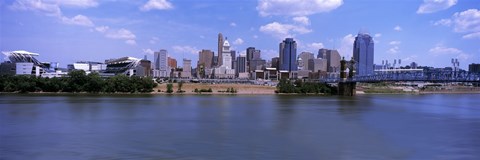 Framed Paul Brown Stadium with John A. Roebling Suspension Bridge along the Ohio River, Cincinnati, Hamilton County, Ohio, USA Print